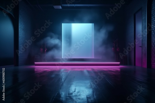 light cloud abstract neon space room rays fog background smoke blue. Generative AI.