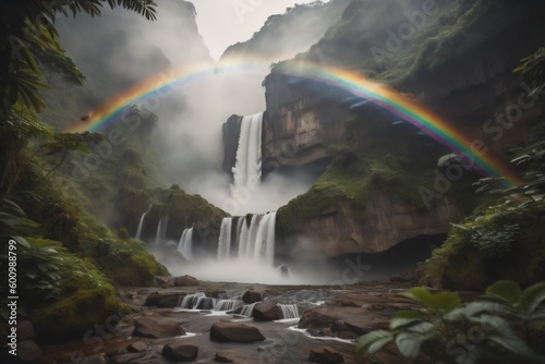 A picture of a rainbow stretching across a misty waterfall in a dense jungle ai generated