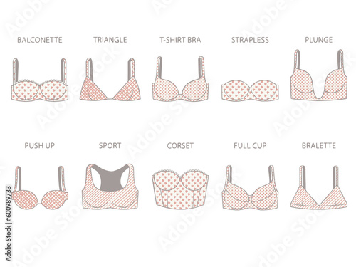 Types of women's bra with various print. Illustration on transparent background