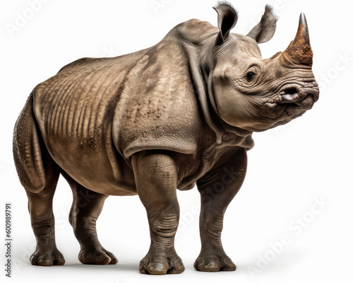 photo of Indian rhinoceros isolated on white background. Generative AI © Bartek