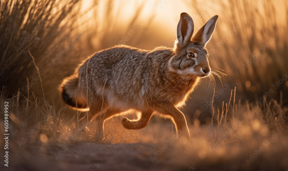 photo of jackrabbit jumping in tall grass at sunset. Generative AI