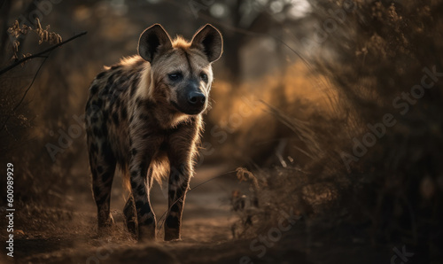 Fotografija photo of hyena standing on a path between savannah tall grass
