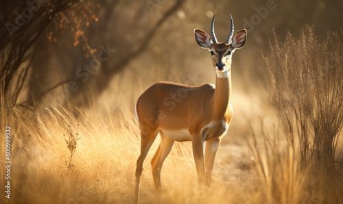 sunset photo of impala standing in tall African savannah grass. Generative AI