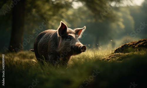 Majestic Hampshire pig surrounded by rolling green hills & grazing on lush grass. image highlights pig's muscular build & iconic coloring & shows detail of it's fur & rugged features. Generative AI © Bartek