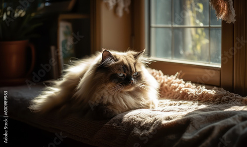 Photo of Himalayan cat lounging in a sun-drenched window sill, surrounded by luxurious pillows & draped in silky fur. portrait captures the regal grace & beauty of the Himalayan breed. Generative AI