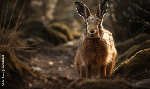 sunset photo of Hare (genus Lepus) sitting on forest path. Generative AI
