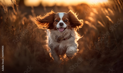 Fotografie, Tablou photo of Japanese spaniel jumping happily in tall grass at sunset