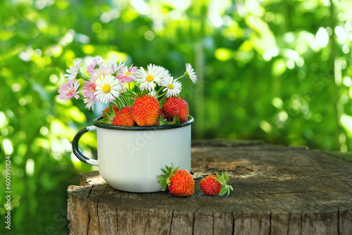 red strawberries and daisy flowers in enamel cup on stump, abstract natural background. picking Ripe Sweet berries, organic healthy vitamins food. Summer berries harvest season. template for design