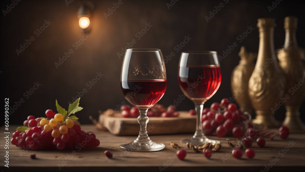 Wine Glasses and grapes on wooden table. Generative AI Wine Glasses and grapes on wooden table. Generative AI