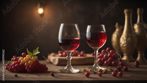 Wine Glasses and grapes on wooden table. Generative AI