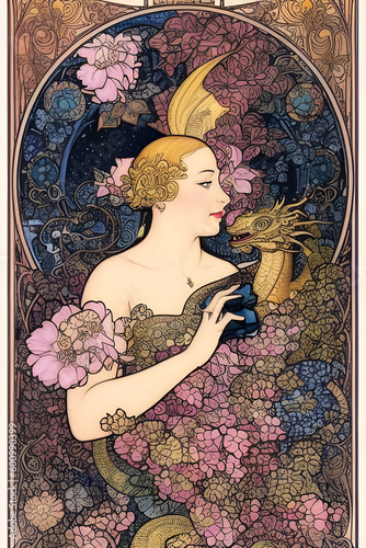 Ai-generated illustration of an art deco portrait of a woman