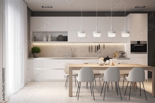 kitchen design home chair modern dining house furniture flat interior table. Generative AI.