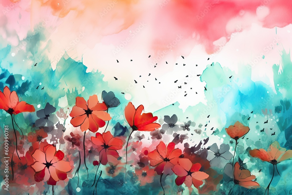 A colorful painting of flowers on a white background Colorful abstract flower meadow illustration