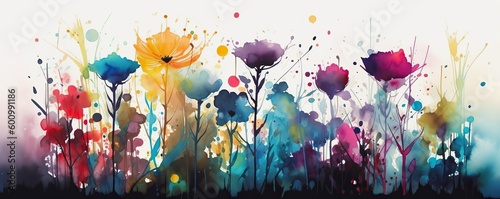 A colorful painting of flowers on a white background Colorful abstract flower meadow illustration © Yan