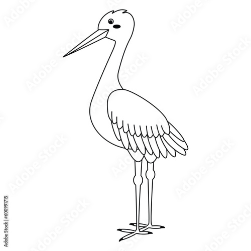 Cute, cartoon stork bird. Line art.