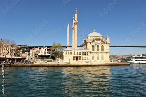 Istanbul, Turkey, 05.02.2023: The Ortakoy Mosque on marmara sea. Sea of Marmara between the European side and the Asian side