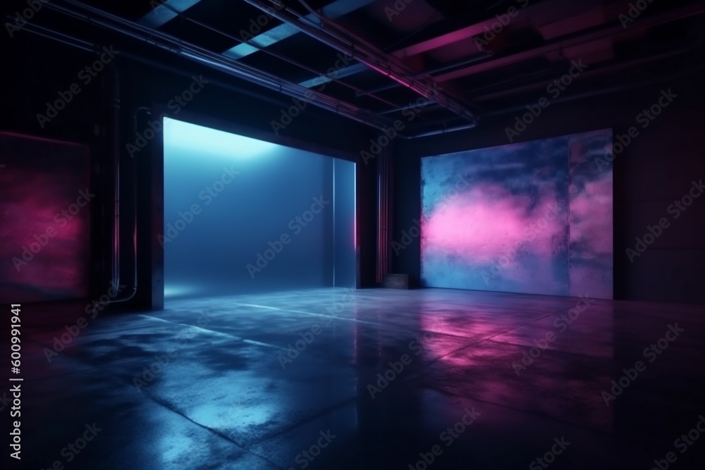 room abstract space light neon blue smoke modern fog rays background. Generative AI.