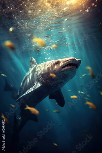 vue sous-marine d un requin dans un ban de poissons jaunes