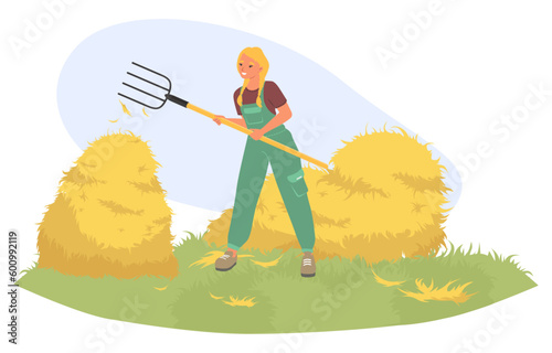 Woman farmer stacking hay with pitchfork vector illustration
