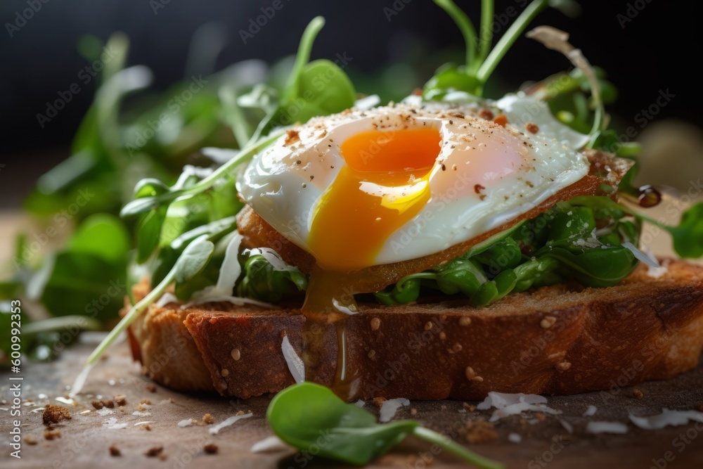 eggs on toast, sourdough bread, garnished with greens. Generative AI. eggs on toast, sourdough bread, garnished with greens. Generative AI.