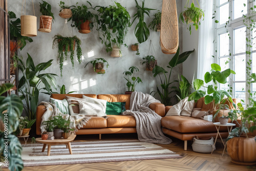 Stylish living room interior design in boho style , big windows, natural day light. Generative AI