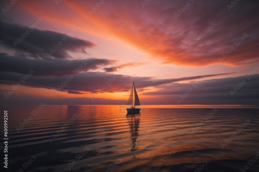 An image of a lone sailboat floating on a calm sea with a vivid orange and purple sunset behind it ai generated