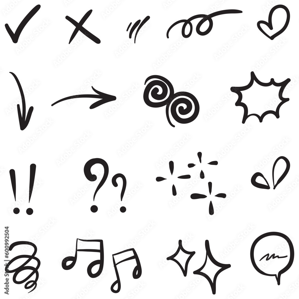 Vector set of hand-drawn cartoony expression sign doodle, curve directional arrows, emoticon effects design elements, cartoon character emotion symbols, cute decorative brush stroke lines. Vector set of hand-drawn cartoony expression sign doodle, curve directional arrows, emoticon effects design elements, cartoon character emotion symbols, cute decorative brush stroke lines.