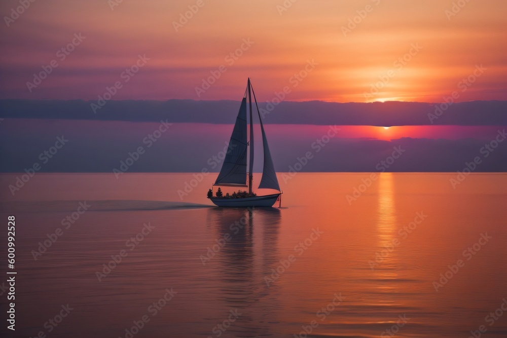 An image of a lone sailboat floating on a calm sea with a vivid orange and purple sunset behind it ai generated