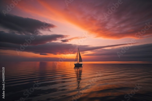 An image of a lone sailboat floating on a calm sea with a vivid orange and purple sunset behind it ai generated