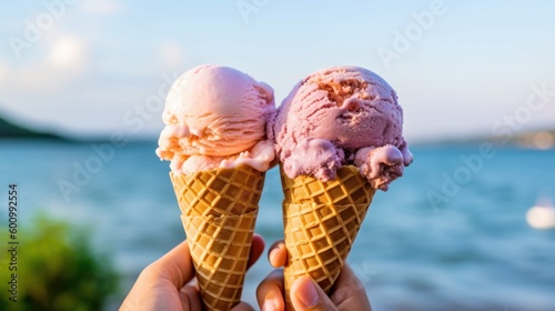 hand with ice cream and summer beach background, generative ai