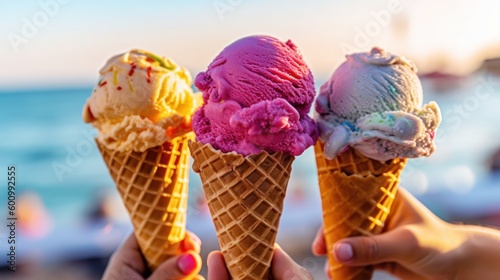 hand with ice cream and summer beach background, generative ai photo