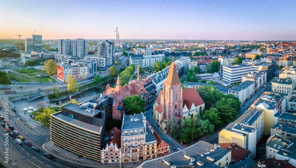 Wroclaw Cerkiew Katedralna andBulwar Staromiejski at sunset aerial picture.