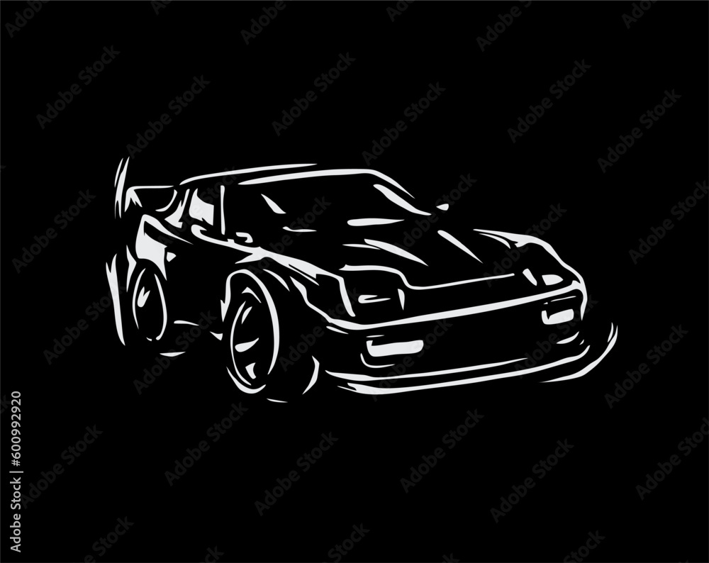 hand drawn simple design, car vector, with linear style silhouette concept, black background