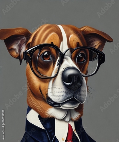 Painting of a dog wearing a suit and glasses with a tie © Mike