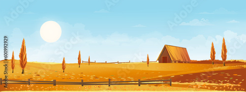 Autumn panorama landscape farm field with blue sky,Panorama view Autumn rural countryside with yellow,orange foliage,Vector cartoon Fall season with copy space for banner background