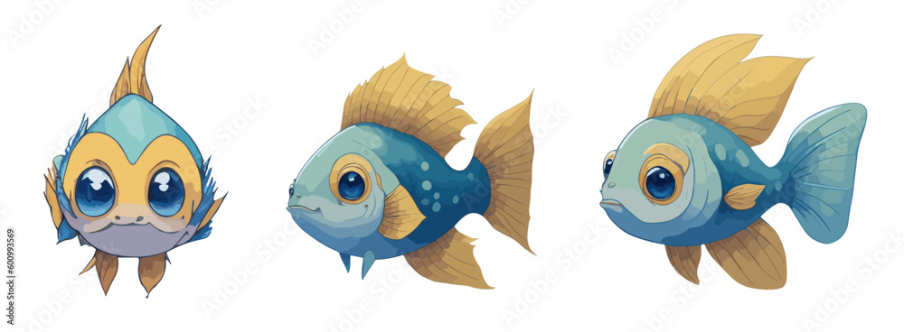 Cartoon fishes set with different poses and emotions. Fish behavior, body language and face expressions. simple cute style, isolated vector illustration.