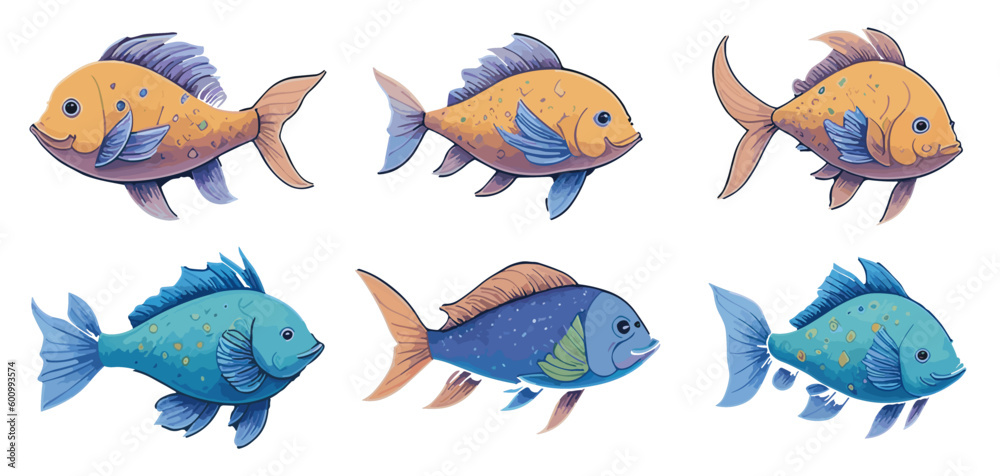 Cartoon fishes set with different poses and emotions. Fish behavior, body language and face expressions. simple cute style, isolated vector illustration.