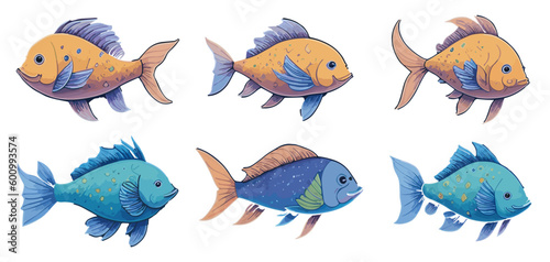 Cartoon fishes set with different poses and emotions. Fish behavior, body language and face expressions. simple cute style, isolated vector illustration.