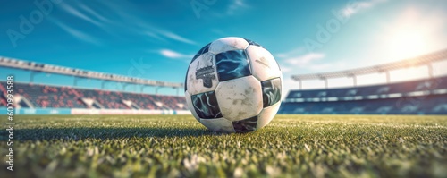 Ball on green field soccer stadium background. Generative AI