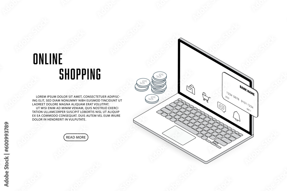 Vector line isometric laptop online shopping concept. Vector line isometric laptop online shopping concept.