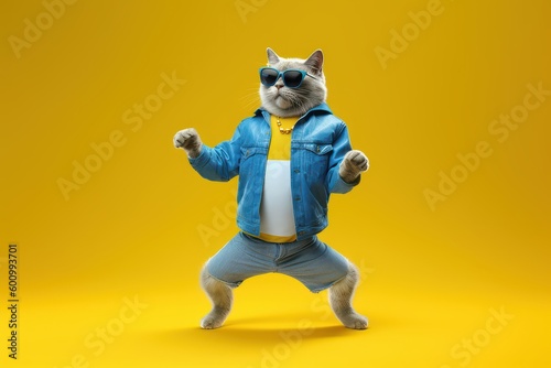 Cute Cat with sunglasses dancing isolated on yellow background. Generative AI