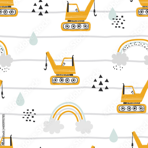 Vector hand-drawn seamless repeating children simple pattern with cars and rainbows in Scandinavian style on a striped background. Kids texture with building equipment. Funny construction transport. 