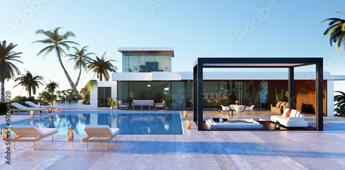 3d Render of modern villa with pergola next to pool