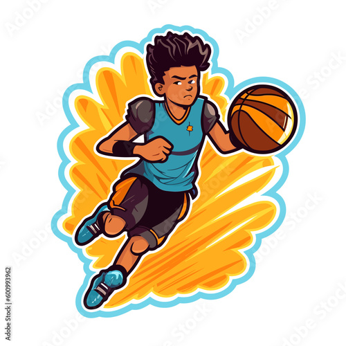 Young Basketball player with the ball. Sports disciplines. cartoon vector illustration, isolated background, label, sticker