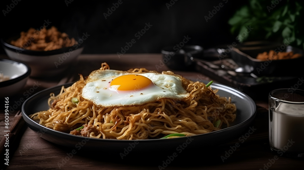 Delicious fried mee with fried egg on top place on plate with ingrediants around it Delicious fried mee with fried egg on top place on plate with ingrediants around it