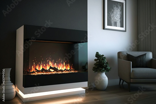Electric fireplace. Artificial fireplace with burning fire. Modern heating system. Generative AI
