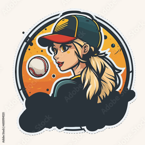Young girl with a ponytail hitting a baseball off of a tee stand with a bat. cartoon vector illustration, white background, label, sticker