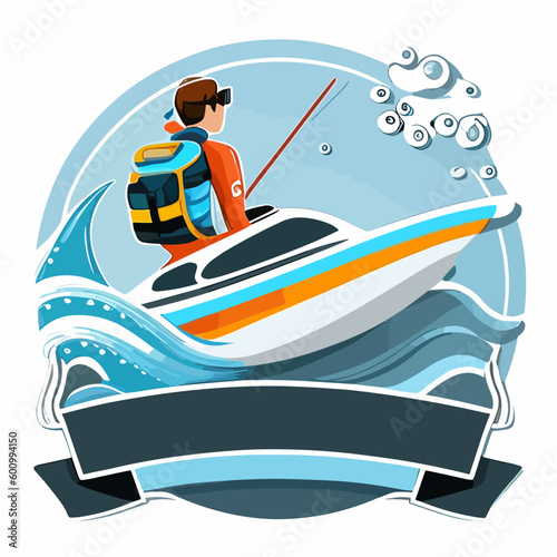 Water Ski community sticker and a motor boat. Extreme water sport activity on summertime vacation. cartoon vector illustration