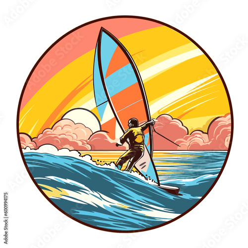 Young man surfing the wind in splashes of water. extreme water sport activity on summertime vacation. cartoon vector illustration, label, sticker