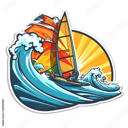 Drawing of windsurfing on a rough sea with the sunset in the background.. Extreme water sport activity on summertime vacation. cartoon vector illustration, label, sticker